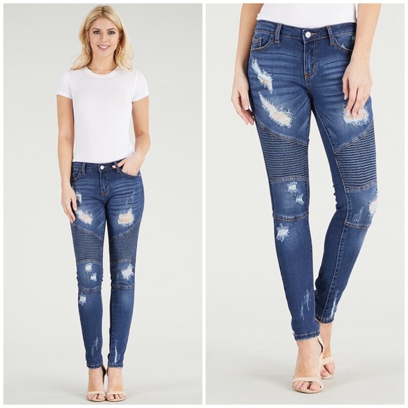 CLEARANCE Destroyed Moto Skinny Jeans Ripped Stretch - Picture 2 of 4